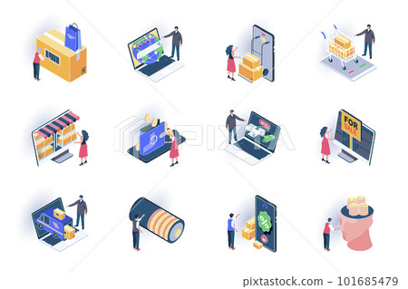 Retail distribution isometric icons set. Online order and purchase delivery service flat vector illustration. Internet shopping and credit card payment 3d isometry pictograms with people characters. Retail distribution isometric icons set. Online order and purchase delivery service flat vector illustration. Internet shopping and credit card payment 3d isometry pictograms with people characters. 101685479