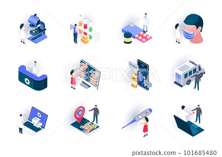 Medical service isometric icons set. Diagnosis and treatment in clinic flat vector illustration. Online doctor consultation, life insurance and healthcare 3d isometry pictograms with people characters Medical service isometric icons set. Diagnosis and treatment in clinic flat vector illustration. Online doctor consultation, life insurance and healthcare 3d isometry pictograms with people characters 101685480