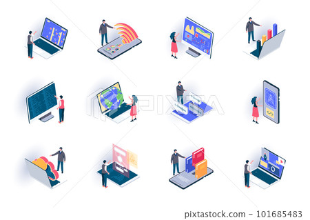 Freelance work isometric icons set. Outsourcing development and design, remote work flat vector illustration. Online communication and distance teamwork 3d isometry pictograms with people characters. 101685483