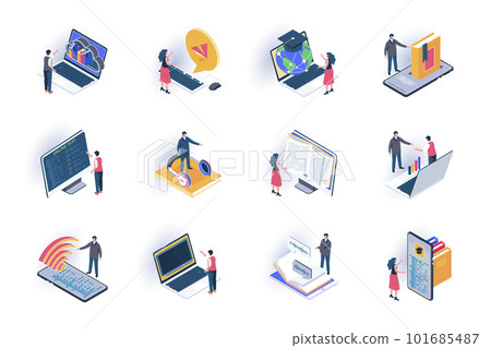 Online education isometric icons set. Distance learning with digital devices, online courses and webinars flat vector illustration. Internet library 3d isometry pictograms with people characters. 101685487