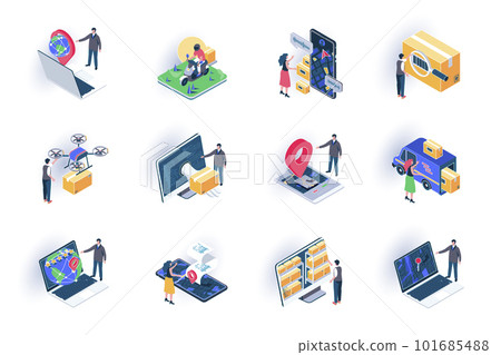 Delivery service isometric icons set. Global logistics, warehousing and distribution flat vector illustration. Courier delivery, online route tracking 3d isometry pictograms with people characters. Delivery service isometric icons set. Global logistics, warehousing and distribution flat vector illustration. Courier delivery, online route tracking 3d isometry pictograms with people characters. 101685488