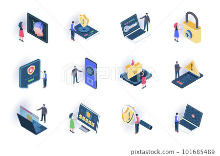 Cyber security isometric icons set. Secure of information flat vector illustration. Internet privacy, password access, firewall and identification 3d isometry pictograms with people characters. 101685489