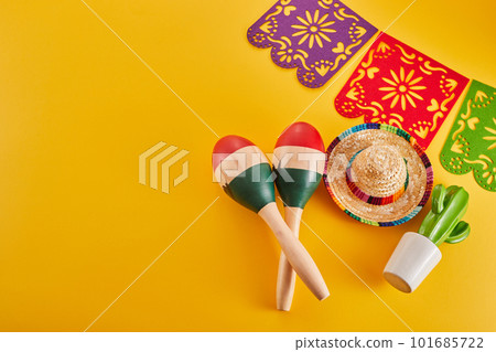 Cinco de Mayo holiday background. Maracas, cactus and hat on yellow background. 101685722