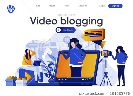 Video blogging flat landing page. Professional blogger making video, vlogging and streaming vector illustration. Video content production for social media web page composition 101685776