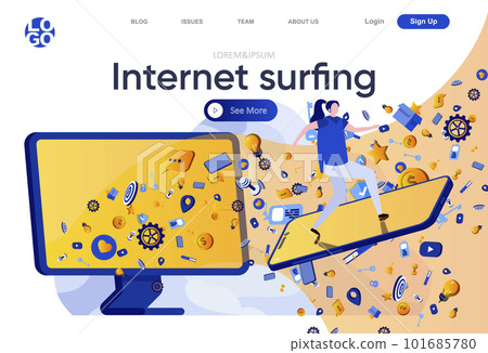 Internet surfing flat landing page. Woman surfing waves on smartphone as surfboard vector illustration. High speed internet connection and provider services web page composition Internet surfing flat landing page. Woman surfing waves on smartphone as surfboard vector illustration. High speed internet connection and provider services web page composition 101685780