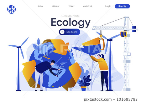 Ecology flat landing page. People planting trees and watering earth globe vector illustration. Global ecology and ecosystem safety, clean green energy web page composition 101685782