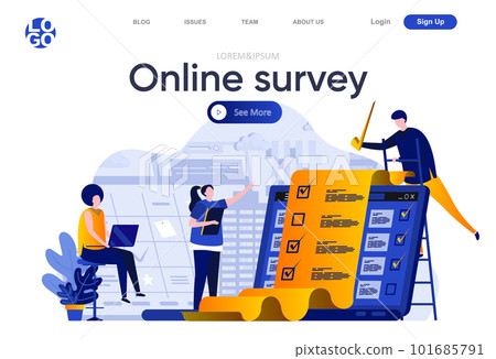 Online survey flat landing page. Respondent completing checklist web page composition with people characters. Online survey service to capture voices and opinions 101685791