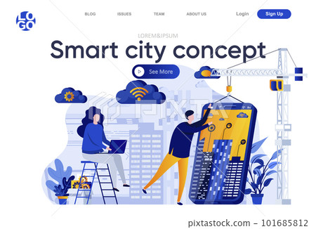 Smart city concept flat landing page. Developers team creating mobile app for smart house vector illustration. Internet of things, wireless networking web page composition Smart city concept flat landing page. Developers team creating mobile app for smart house vector illustration. Internet of things, wireless networking web page composition 101685812