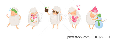 Funny Fluffy Sheep Character Engaged in Different Activity Vector Set 101685921