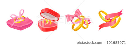 Wedding and Engagement Golden Rings with Silk Pink Ribbon Vector Set Wedding and Engagement Golden Rings with Silk Pink Ribbon Vector Set 101685971