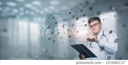 Doctor are working on a virtual screen with internet network. 101686137