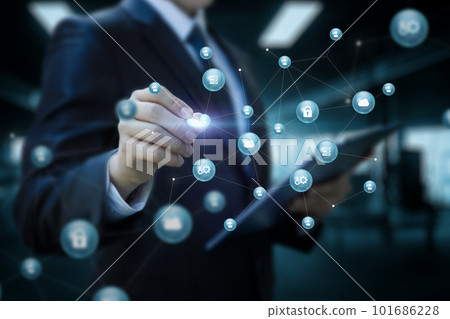 A businessman draws the structure of an industry connection network in space. 101686228