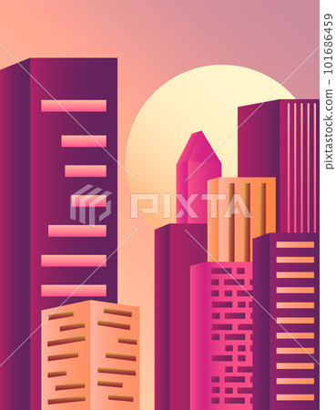 Image of a night city and high-rise buildings. Moon and dark sky. Vector flat illustration with gradient. 101686459