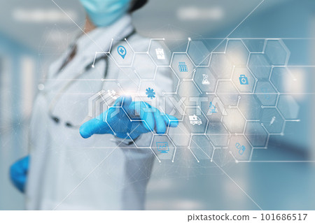 Doctor working virtual computer screen with interface Doctor working virtual computer screen with interface 101686517