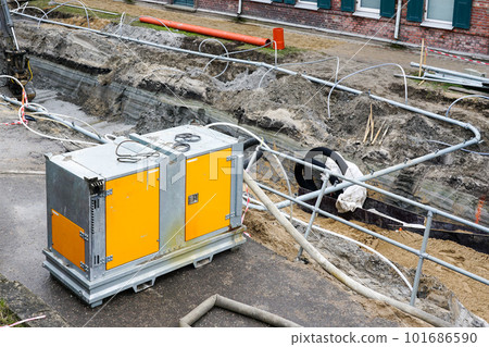 Large mobile diesel powered water pump for dewatering of deep underground piping replacement trench Large mobile diesel powered water pump for dewatering of deep underground piping replacement trench 101686590