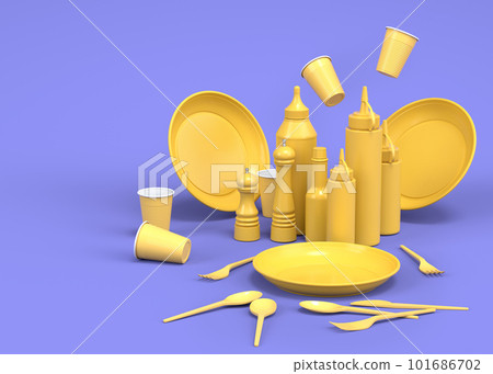Set of disposable utensils like plate, folk, spoon,knife, cup and pepper mill Set of disposable utensils like plate, folk, spoon,knife, cup and pepper mill 101686702