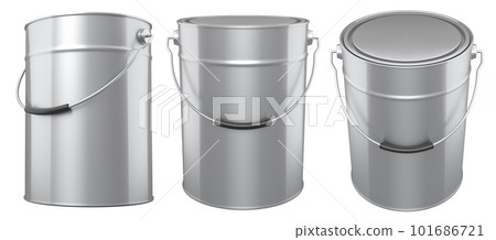 Set of metal cans or buckets of paint with handle on white background. Set of metal cans or buckets of paint with handle on white background. 101686721