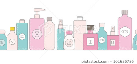 Bright cartoon cosmetic bottles, jars. Cute face cream tubes, cleanser, soap for bath, oil scrub, lotion facial gel vector illustrations. Bright cartoon cosmetic bottles, jars. Cute face cream tubes, cleanser, soap for bath, oil scrub, lotion facial gel vector illustrations. 101686786