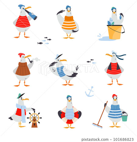 Gull Character with Webbed Feet Wearing Striped Vest and Hat with Bucket and Steering Wheel Vector Set 101686823