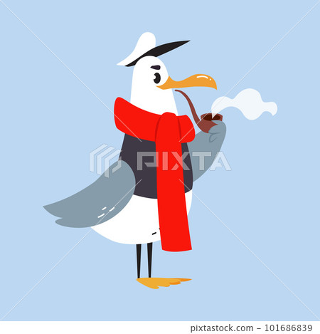 Gull Character with Webbed Feet Wearing Scarf and Hat Smoking Pipe Vector Illustration 101686839