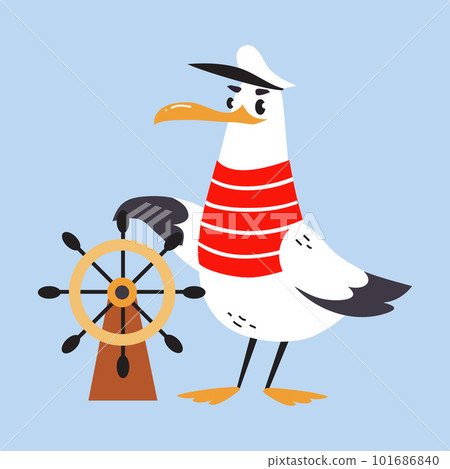 Gull Character with Webbed Feet Wearing Striped Vest and Hat Steering Boat Wheel Vector Illustration Gull Character with Webbed Feet Wearing Striped Vest and Hat Steering Boat Wheel Vector Illustration 101686840