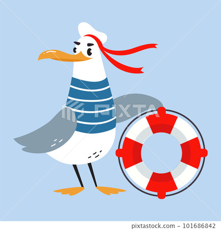 Gull Character with Webbed Feet Wearing Striped Vest and Hat with Lifebuoy Vector Illustration 101686842