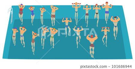 Group of Man and Woman with Dumbbells Training in Swimming Pool Doing Physical Exercise Vector Illustration Group of Man and Woman with Dumbbells Training in Swimming Pool Doing Physical Exercise Vector Illustration 101686944