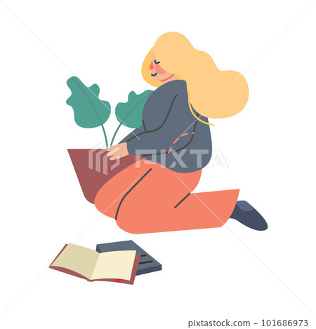 Woman Character at Greenhouse Planting and Cultivating Flower in Pot Vector Illustration Woman Character at Greenhouse Planting and Cultivating Flower in Pot Vector Illustration 101686973
