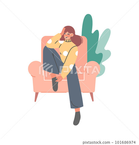 Young Woman Sitting in Armchair with Bended Leg with Head Reclined Upon Hand and Foliage Behind Vector Illustration 101686974
