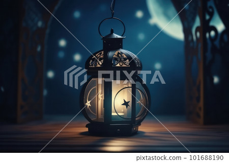 A rustic Lantern with a candle inside, shining on a sand floor playground, adds a cozy atmosphere for children to play at night. Ai Generative 101688190