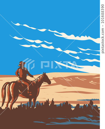 Cowboy and Horse at West Block of Grasslands National Park in Saskatchewan Canada WPA Poster Art Cowboy and Horse at West Block of Grasslands National Park in Saskatchewan Canada WPA Poster Art 101688390