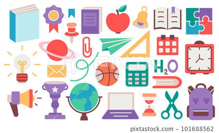 Back to school. A set of flat icons of stationery for studying at school. Collection of isolated education colorful kids accessory. vector object stuff design. cartoon graphic patch element children 101688562