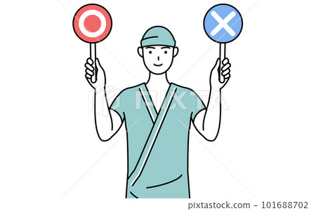 拿著棍子的男性醫院病人顯示正確和不正確的答案 101688702