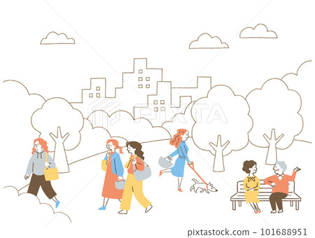 Various people in the park where you can see the city _ color 101688951