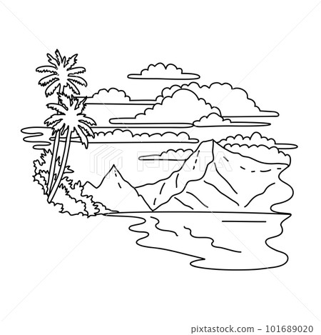 Ofu Beach in National Park of American Samoa Monoline Line Art Drawing 101689020