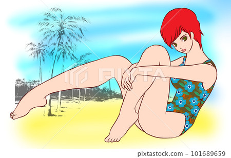 A beautiful woman in a swimsuit lying gracefully on the beach A beautiful woman in a swimsuit lying gracefully on the beach 101689659