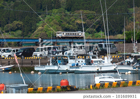 穿過新鮮的綠色漁港的白色日南線Kiha 40 101689931