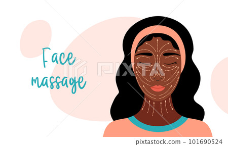 Face massage illustration. Vector banner with rules of anti-ageing facial massage. Beauty and youth. Infographic with beautiful african american woman and dotted arrows Face massage illustration. Vector banner with rules of anti-ageing facial massage. Beauty and youth. Infographic with beautiful african american woman and dotted arrows 101690524