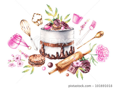 Watercolor group of desserts, bakery tools, flowers on a white background 101691018
