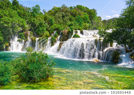 Beautiful Waterfall background. Beautiful Waterfall In Krka National Park - Croatia, Europe 101691448