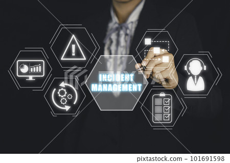 Incident Management process Business Technology concept, Business person hand touching incident management icon on virtual screen. 101691598