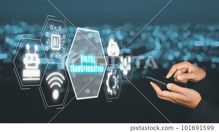 Digital transformation and digitalization technology concept, Business person using smart phone with virtual screen digital transformation icon on blue bokeh background. 101691599