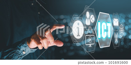 Information and Communications Technology (ICT) concept, Person hand touching ICT icon on virtual screen, Global technology, internet, wifi. 101691600