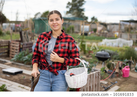 Cheerful young woman caring for vegetable and plant sprouts and holding a basket of gardening tools during daytime in March Cheerful young woman caring for vegetable and plant sprouts and holding a basket of gardening tools during daytime in March 101691833