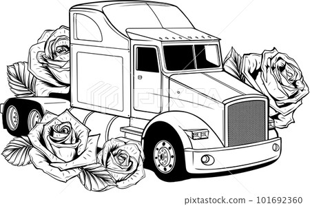 Monochrome Classic American Truck with rose. Black and white illustration 101692360
