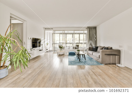 a living room with wood flooring and white walls, including a large plant in the center of the room a living room with wood flooring and white walls, including a large plant in the center of the room 101692371