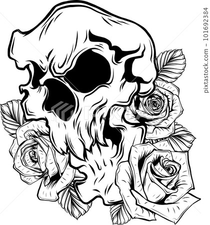 monochrome Vintage human skull tattoo concept with rose flowers isolated vector illustration 101692384