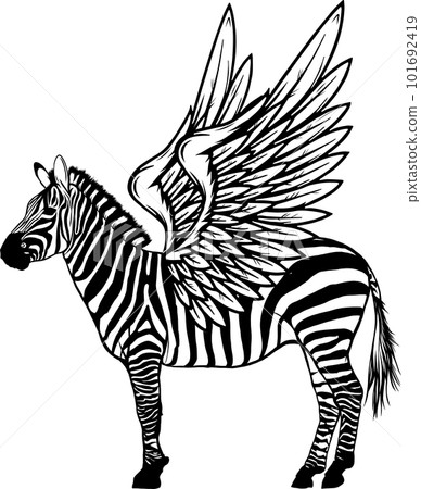 monochrome Cute zebra with wings. Isolated animal. Sketch scratch board imitation. Black and white. Engraving vector illustration 101692419