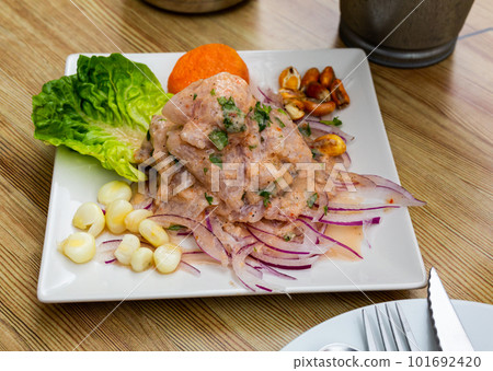 Seafood ceviche from hake with onion and vegetables 101692420