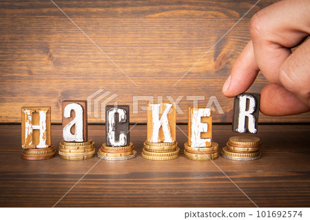 Hacker Concept. Alphabet blocks and change on wood texture background Hacker Concept. Alphabet blocks and change on wood texture background 101692574
